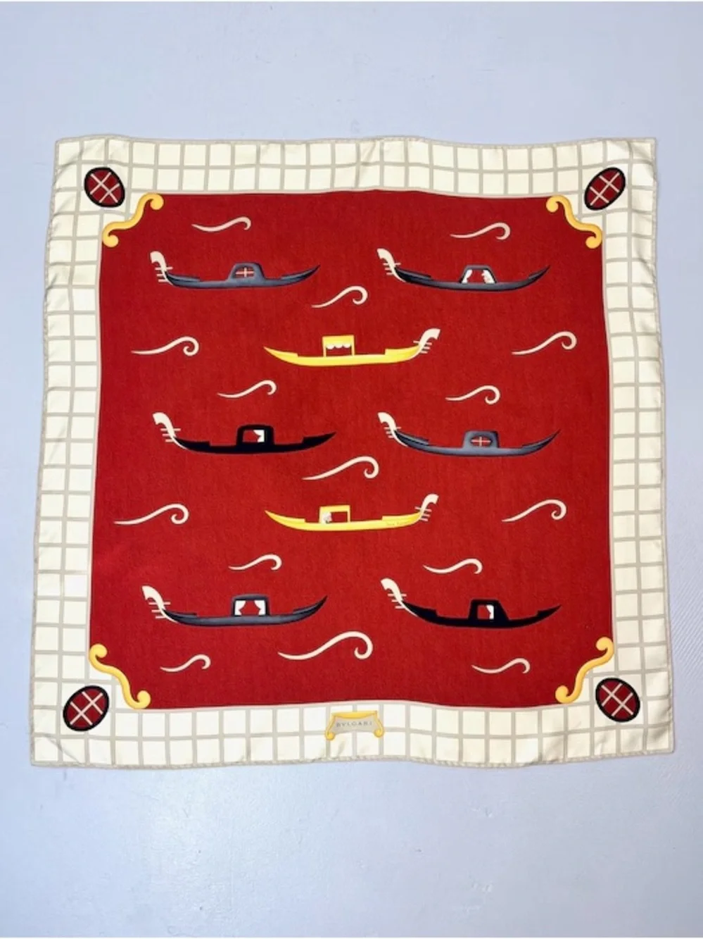Bulgari Red, Yellow, Black & Cream Silk Scarf with Gondola Motif